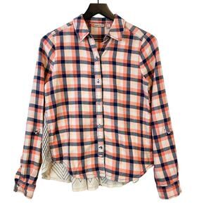 Holding Horses Anthropologie Size 0 Orange Plaid Button Down Shirt Peplum